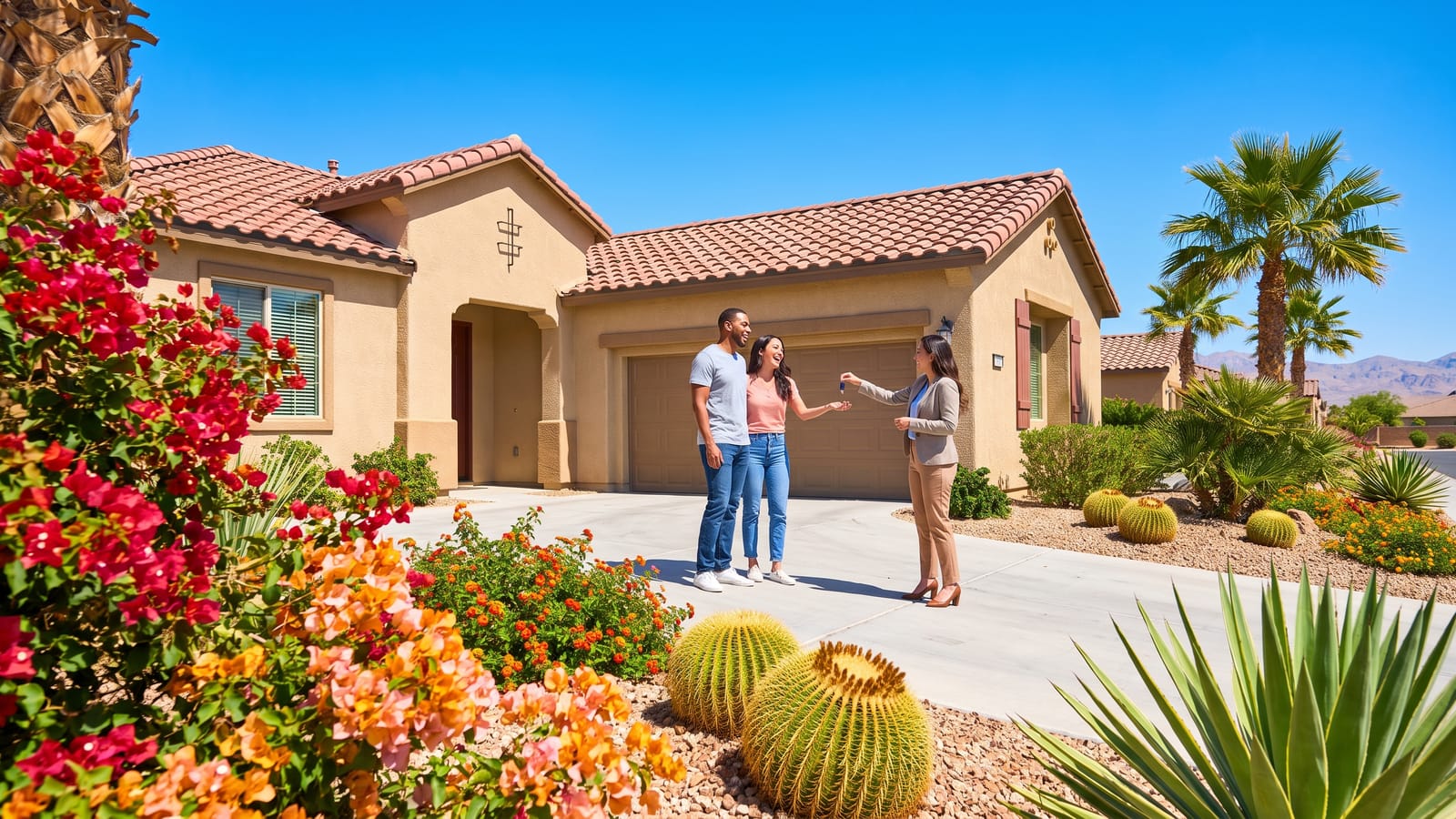 Young couple receiving the keys to their first home from a real estate agent in a sunny North Las Vegas neighborhood