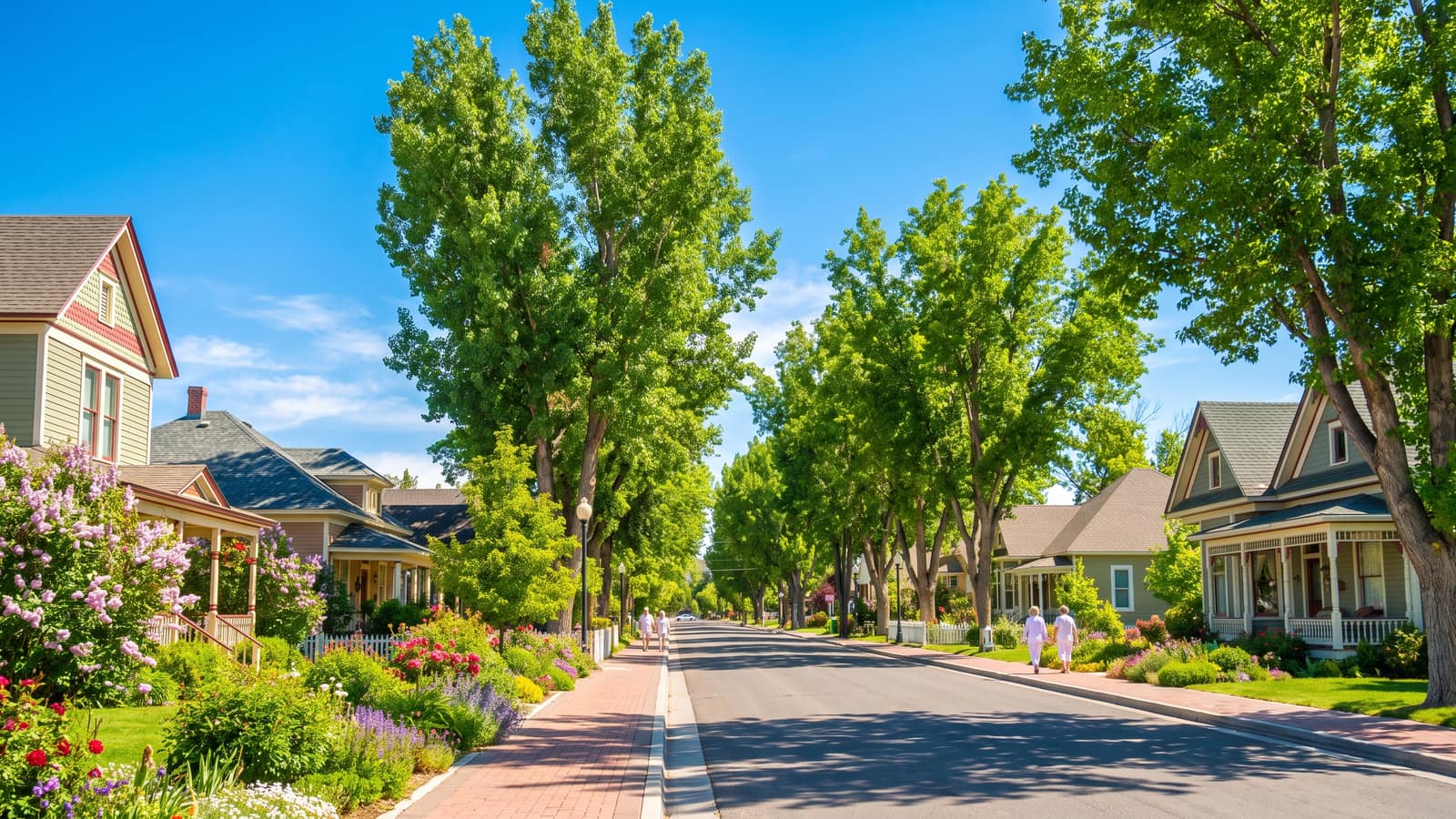 Historic tree-lined street with mature trees and older homes in Genoa Nevada, the state's oldest settlement at the base of the Sierra in Carson Valley
