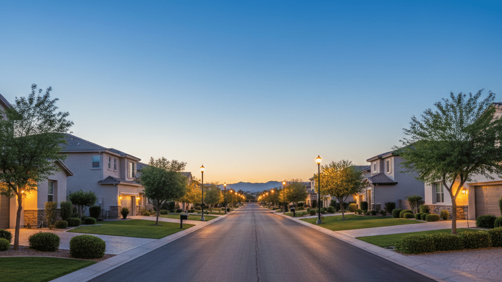 A wide landscaped residential boulevard in a Summerlin village with garages and no street-parked cars