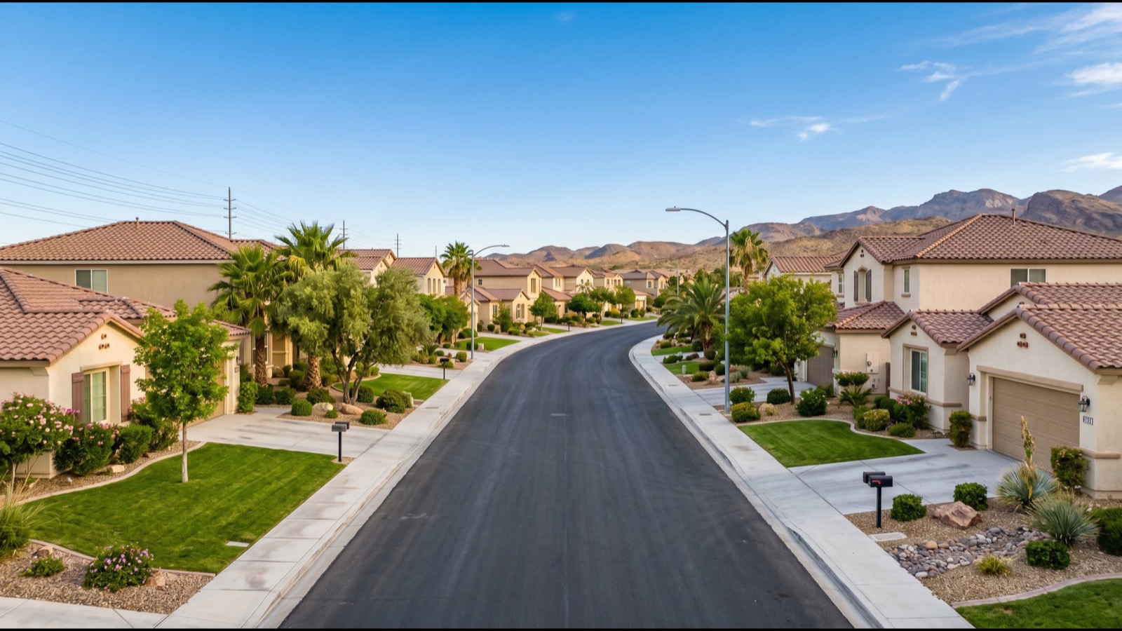 Wide view of a Green Valley Ranch family neighborhood in Henderson Nevada, a short drive from The District shopping and dining in 2026