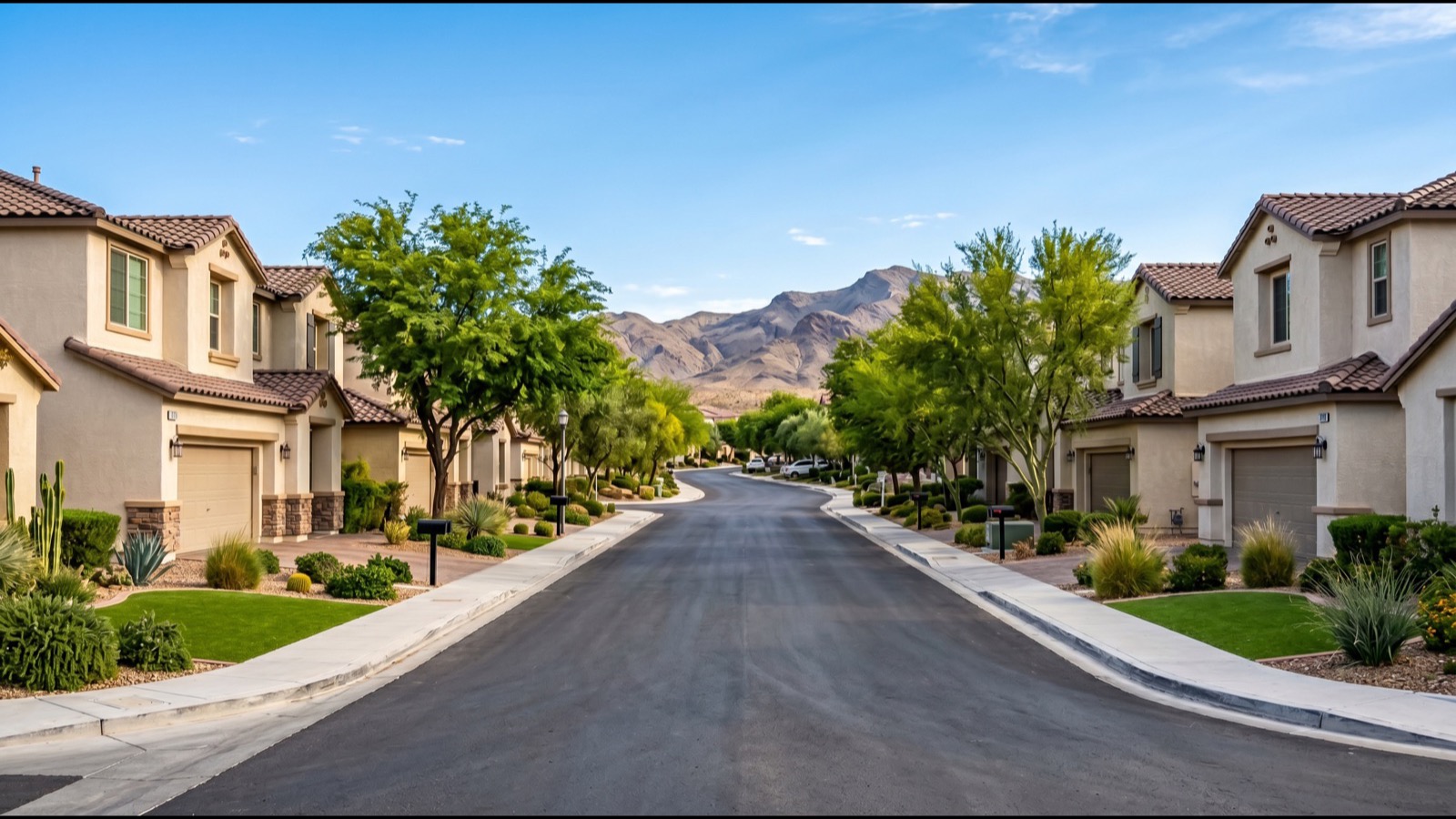 Tree-lined residential street in Green Valley Ranch Henderson Nevada with foothill views, a short walk from The District shops