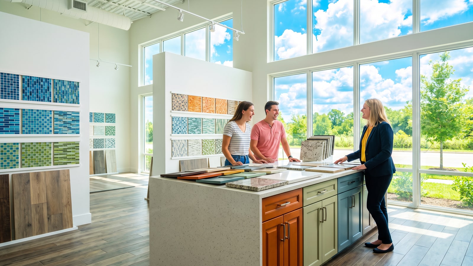 Young family reviewing countertop and cabinet samples with a design consultant at a bright builder design center in Henderson Nevada