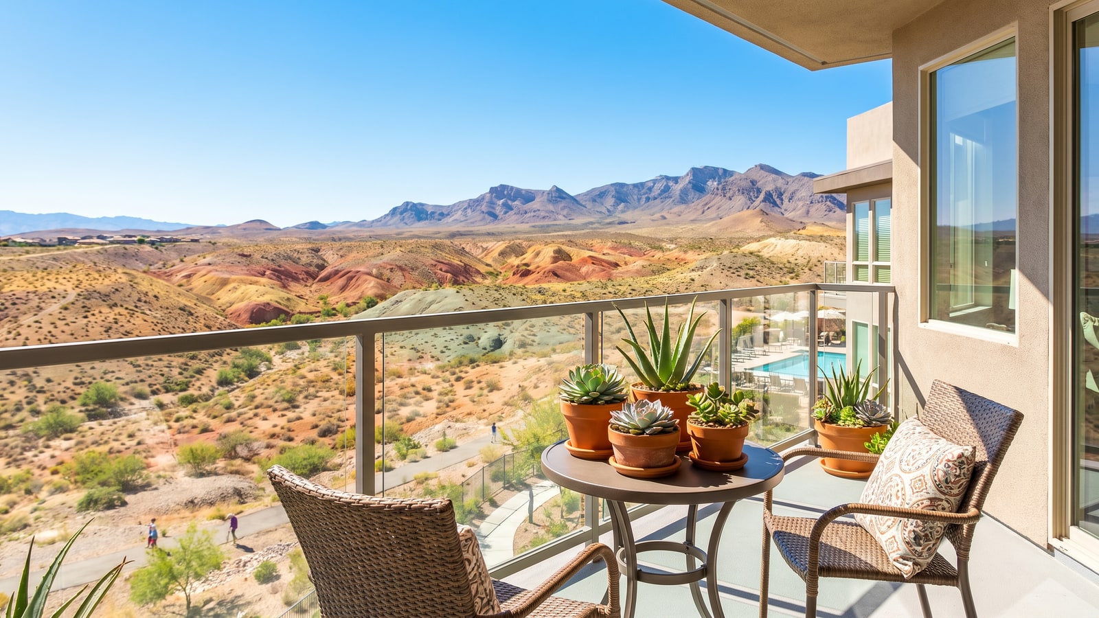 Henderson condo balcony with cafe table and potted succulents overlooking colorful desert hills and the Black Mountain range