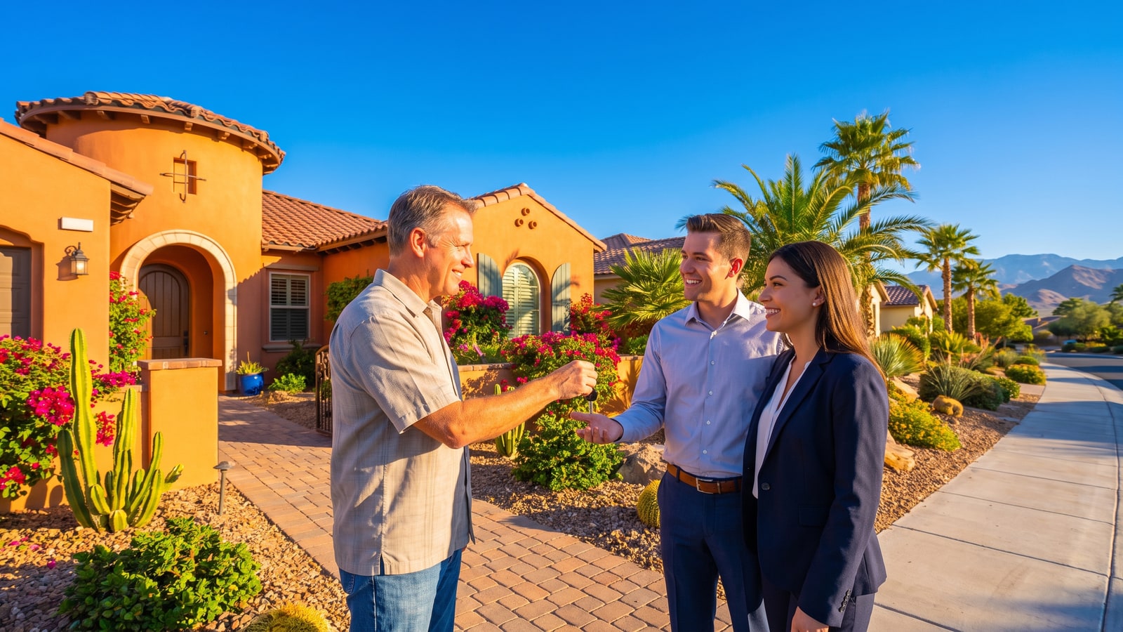 Landlord handing keys to a young professional couple outside a Spanish-style Henderson Nevada rental home on a sunny day