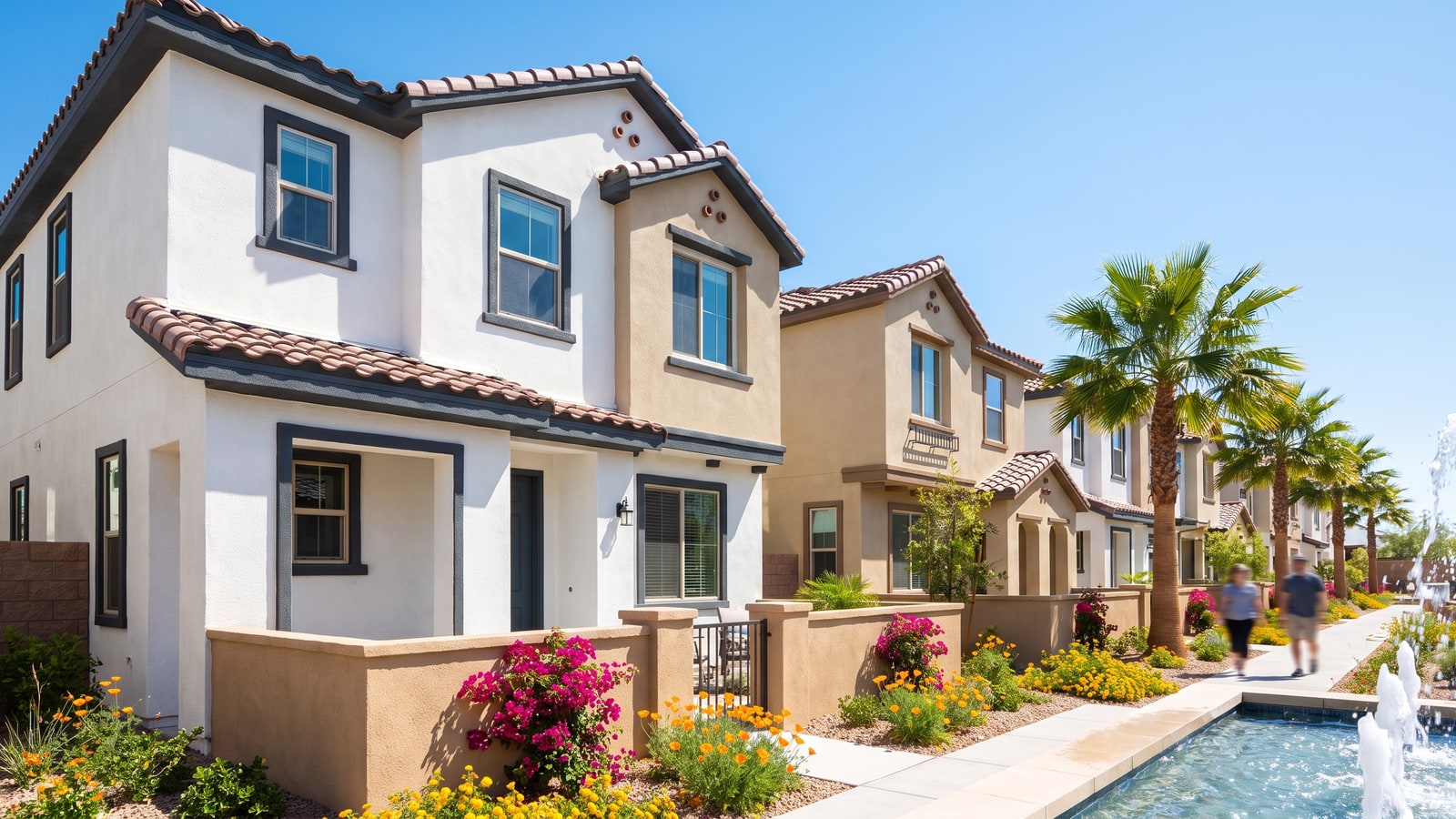 Sunny row of modern two-story townhomes in Henderson Nevada with palm trees and colorful desert landscaping