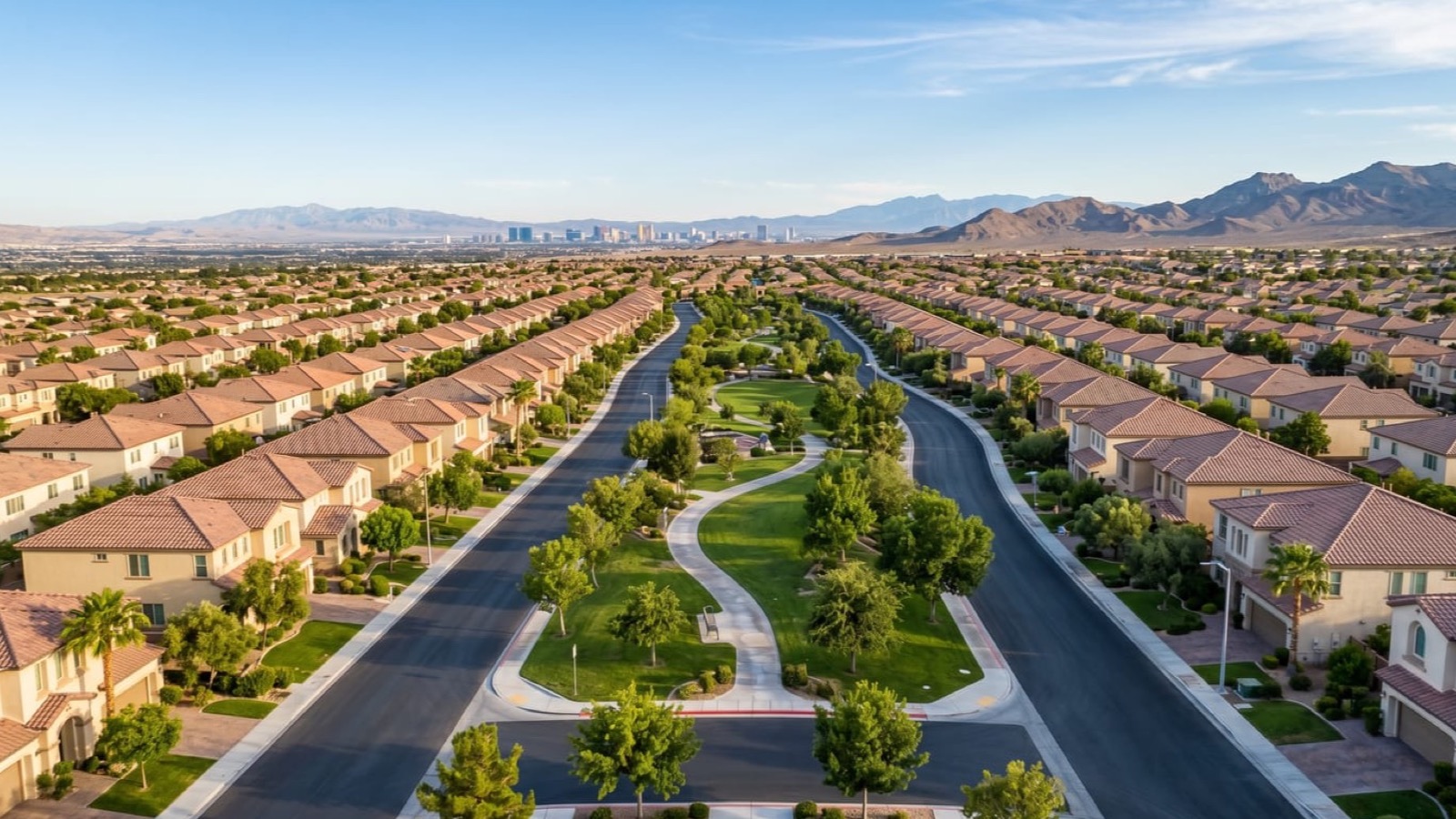 Henderson neighborhood green space and walking trail with the McCullough Range behind master-planned rooftops