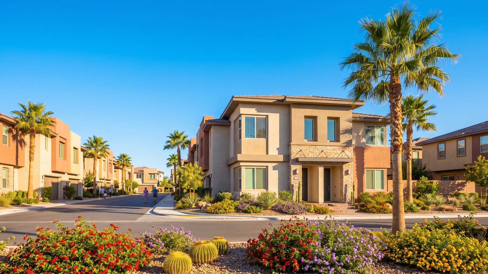 Bright Henderson Nevada street of modern two-story stucco townhomes with palm trees and colorful desert landscaping — Henderson rental property inventory