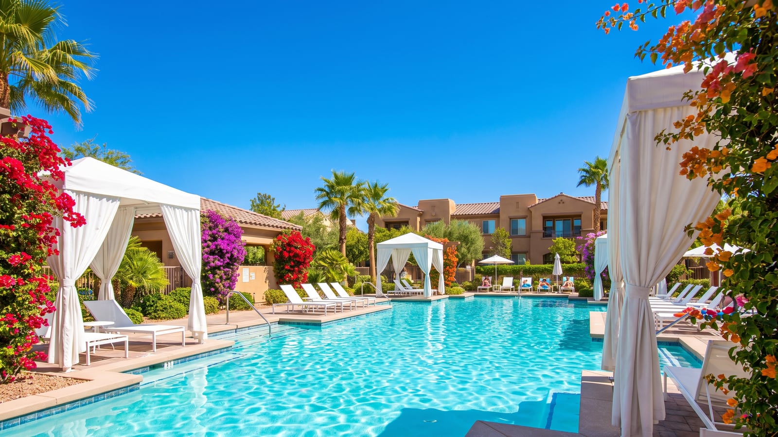 Resort-style community pool with white cabanas, palm trees, and bougainvillea at a Henderson Nevada condo community under a vivid blue sky