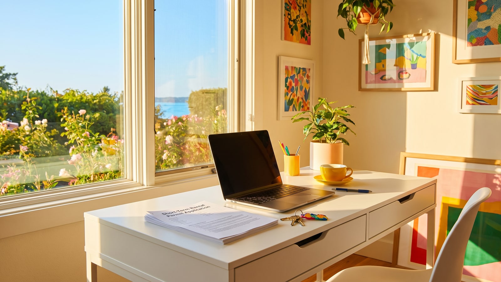 Bright home office desk with a short-term rental permit application, laptop, and house keys, representing the Henderson STR permitting process