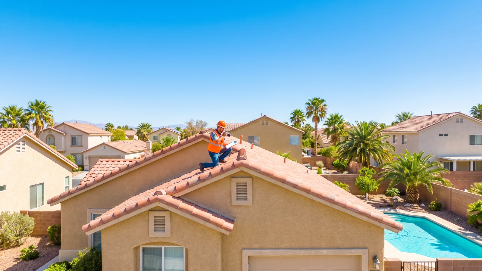 Home inspector in safety vest examining the tile roof of a single-story North Las Vegas home under a clear blue sky