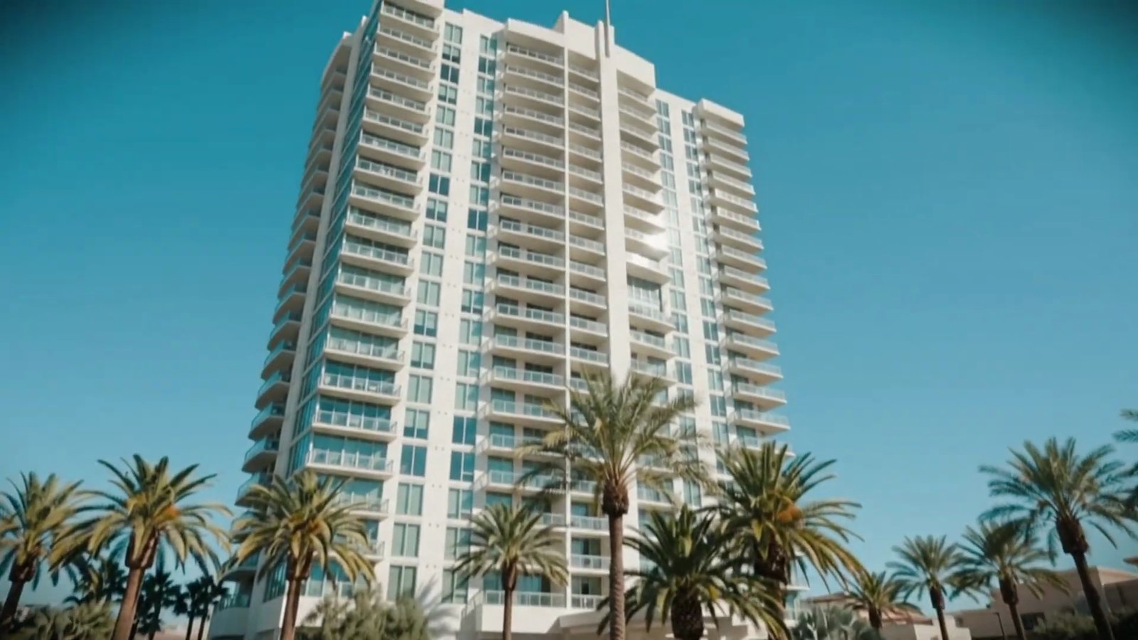 Illustration of a white residential high-rise tower behind palm trees under a clear sky