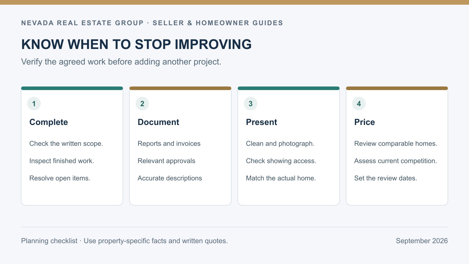 Final preparation checklist moving from verified repairs and records to cleaning, photographs, and pricing review