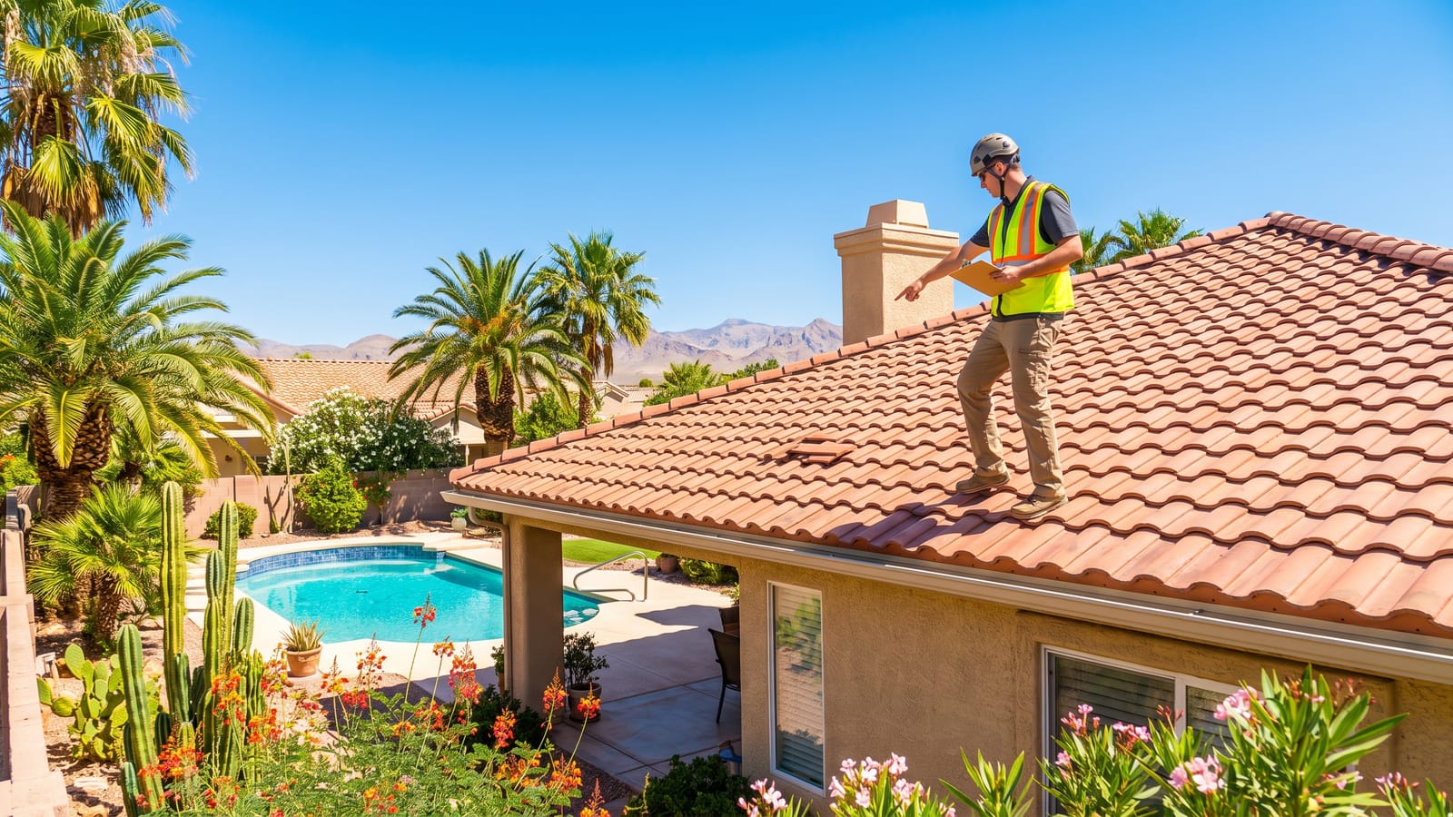 Insurance adjuster inspecting a tile roof on a Las Vegas home in 2026