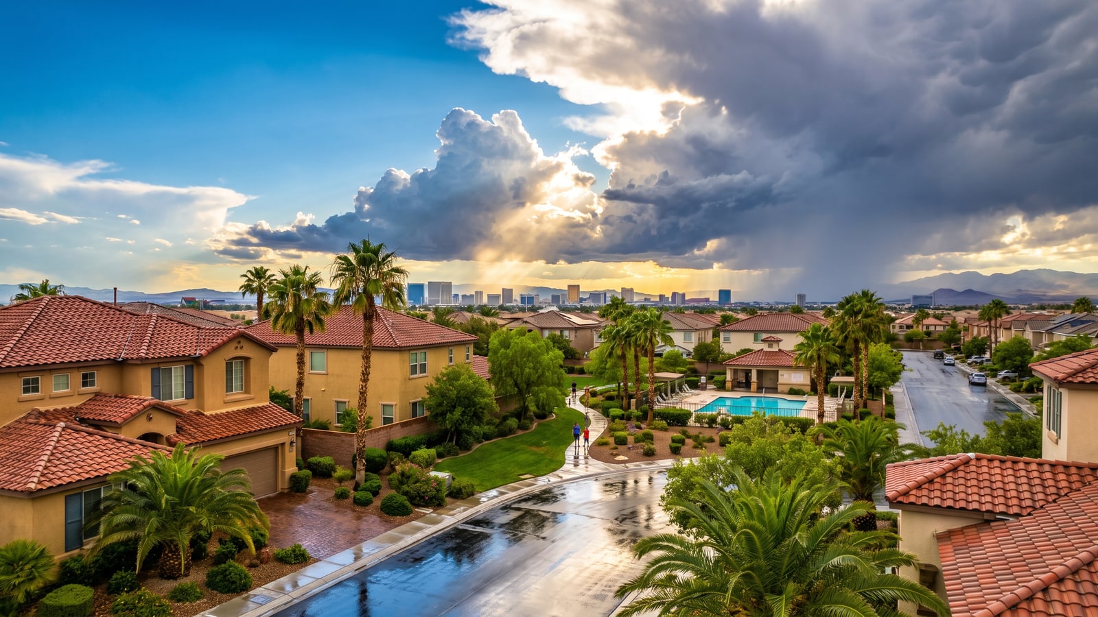 Monsoon storm clouds over a Las Vegas neighborhood illustrating flood exclusion in homeowners insurance 2026
