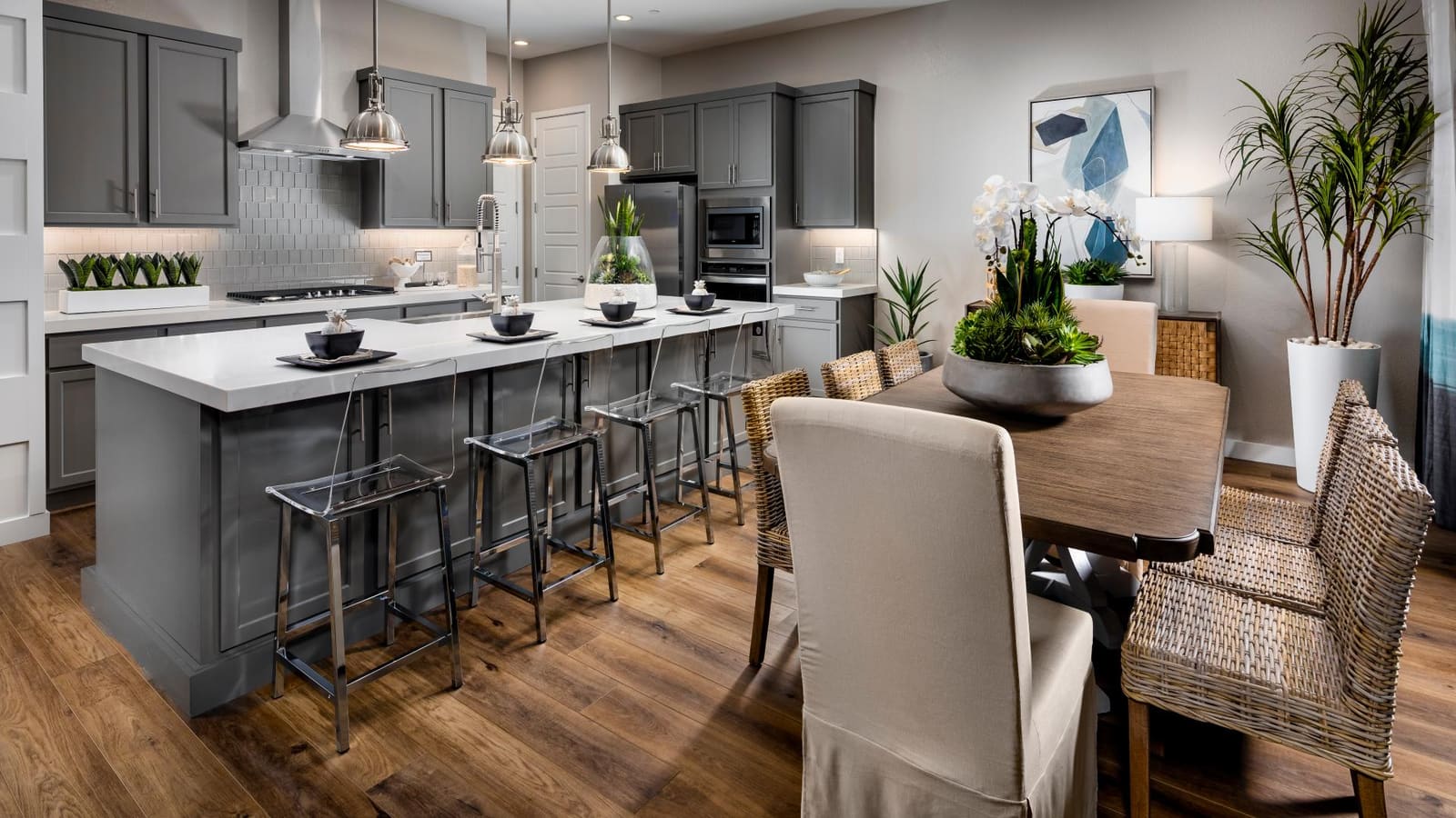 Representative builder image: Open concept living area transitioning into a modern kitchen