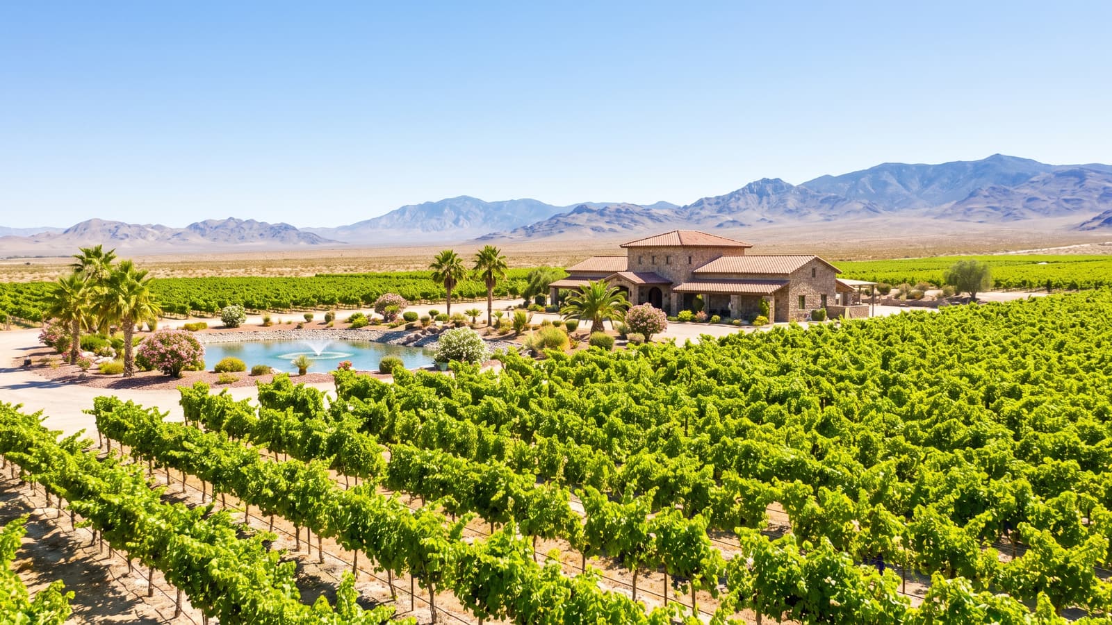 Rows of grapevines at a Pahrump Nevada winery vineyard with desert mountains in the background under a bright sky
