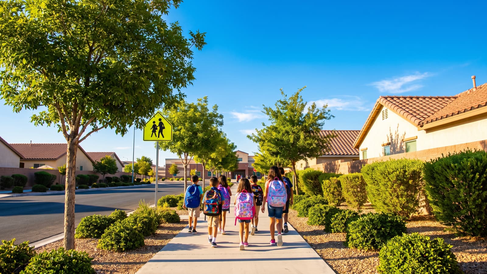 Children with backpacks walking to school along a sunny suburban North Las Vegas sidewalk