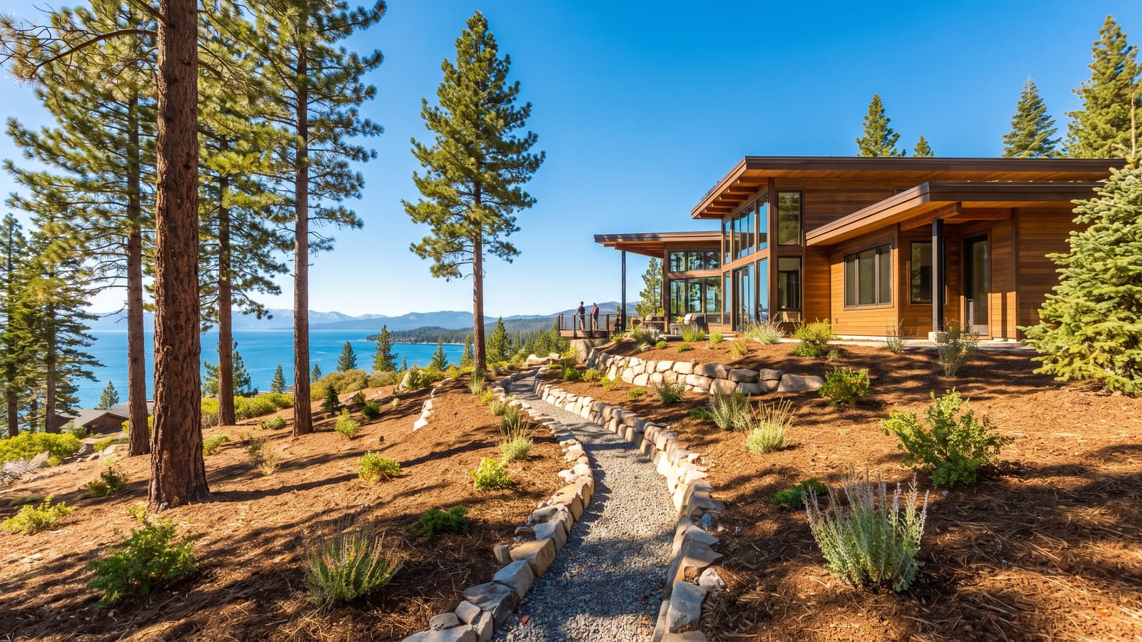 Lake Tahoe hillside property with a stone-lined drainage swale, gravel infiltration path, and cleared defensible-space landscaping