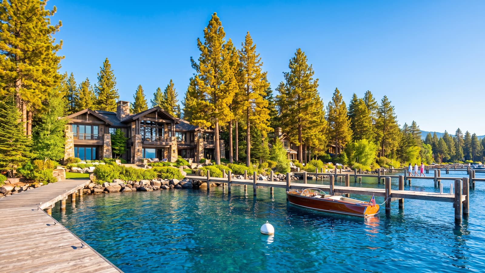 Nevada-side Lake Tahoe lakefront luxury home with a private wooden pier and boat buoy over vivid blue water