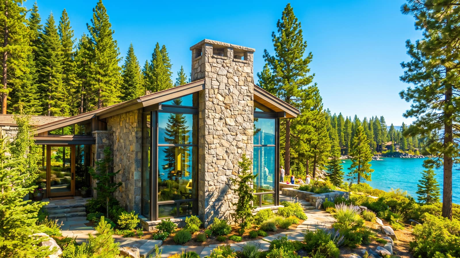 Modern glass-and-stone luxury mountain home surrounded by Sierra pines on the Nevada side of Lake Tahoe