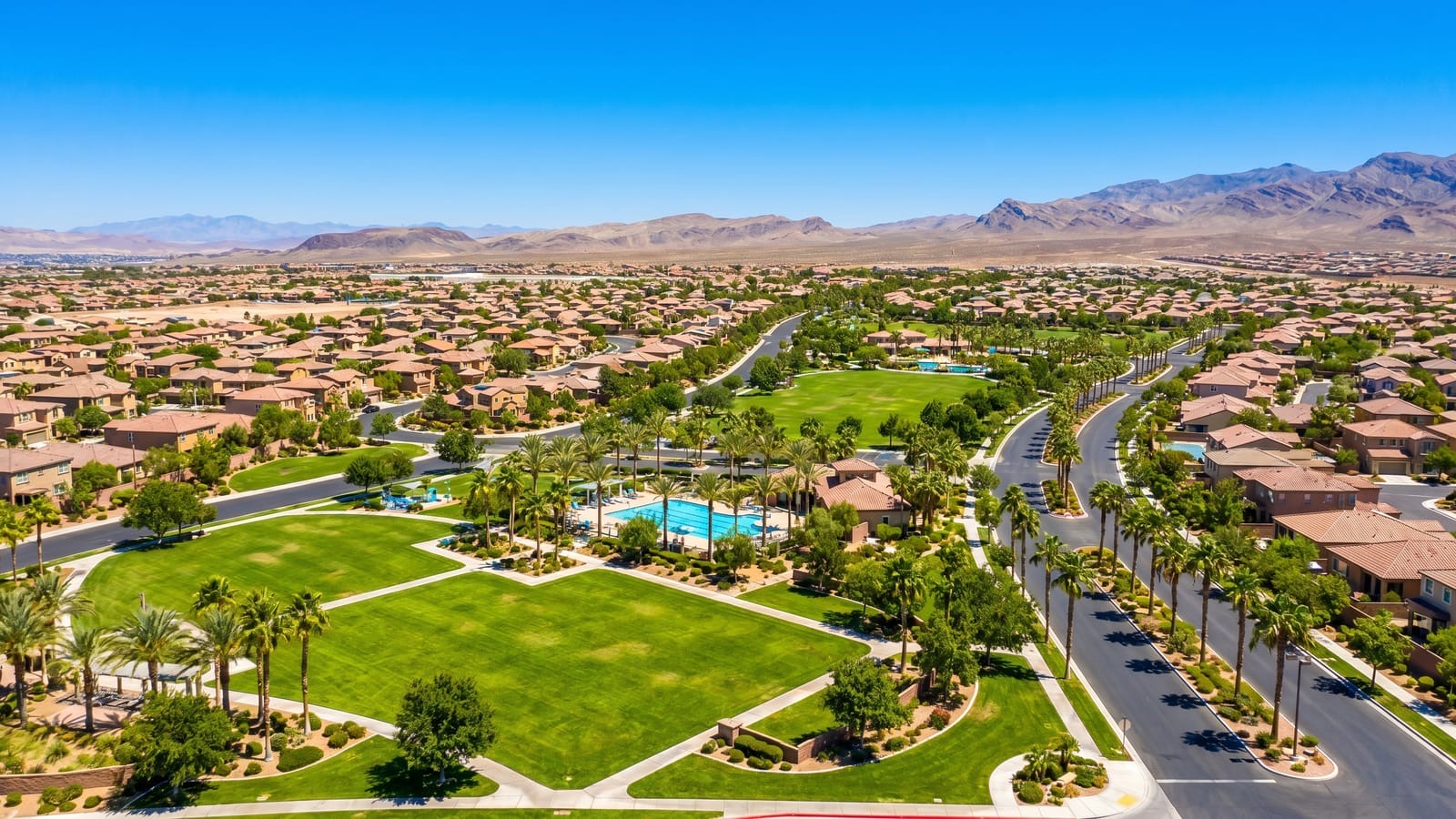 Aerial view of a Las Vegas residential neighborhood showing many homes, illustrating the higher inventory of the 2026 buyer's market where listings compete for buyers
