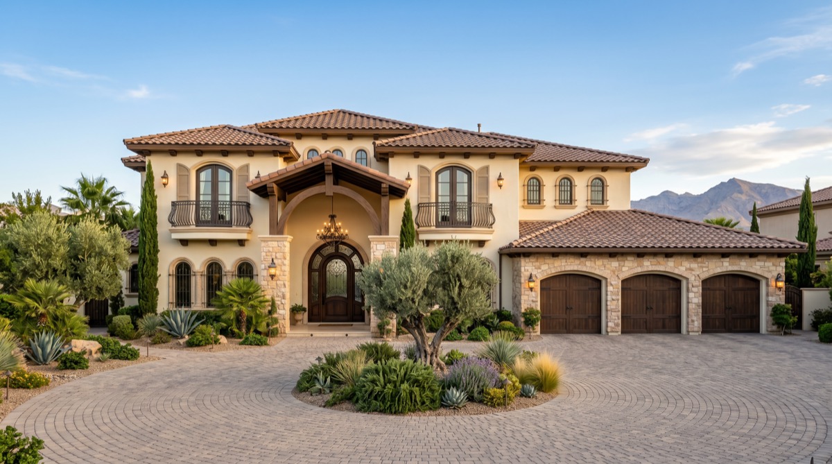 Luxury Las Vegas custom home with detached oversized garage featuring a 14-foot RV-sized door and a 50-foot interior depth — the premium configuration typical of larger lots in Boulder City and the southwest valley estate corridor