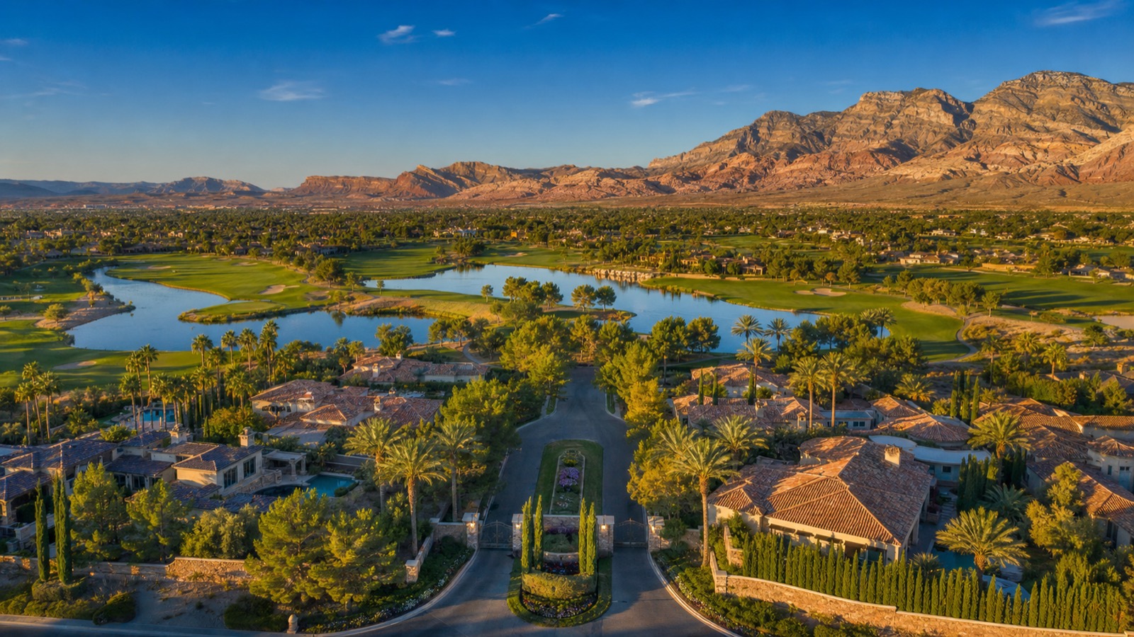 Aerial view of Red Rock Country Club guard-gated golf community in Summerlin, which closed 73 homes at a $2,050,000 median in the 12 months ending September 18, 2026