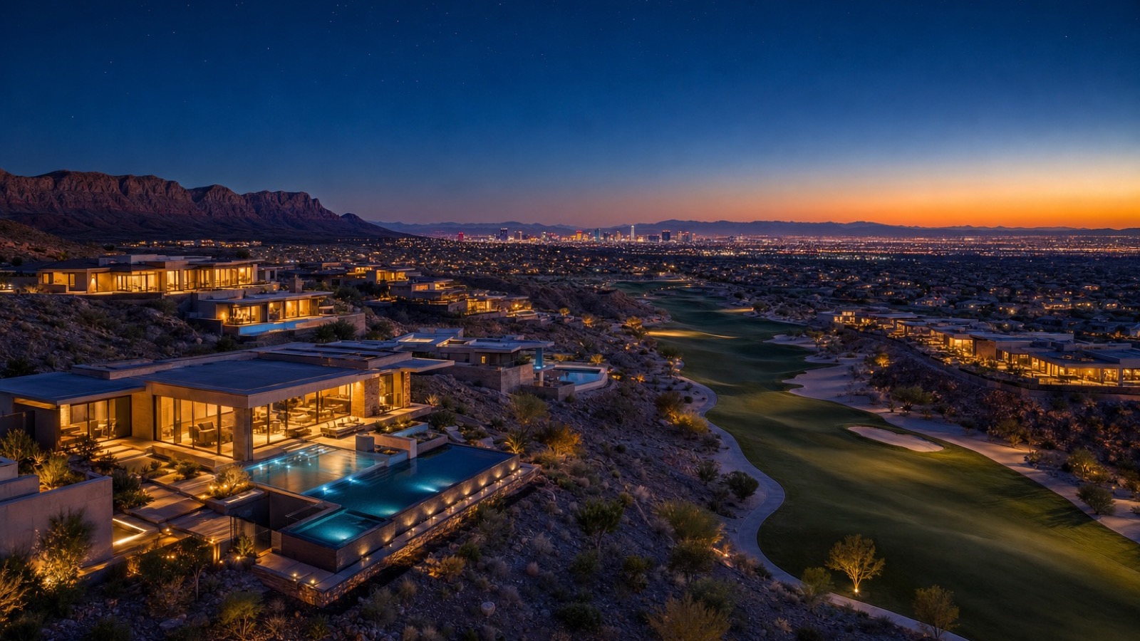 Twilight aerial of The Ridges guard-gated community in Summerlin with the Las Vegas Strip in the distance, 55 closings at a $2,799,000 median in the 12 months ending September 18, 2026