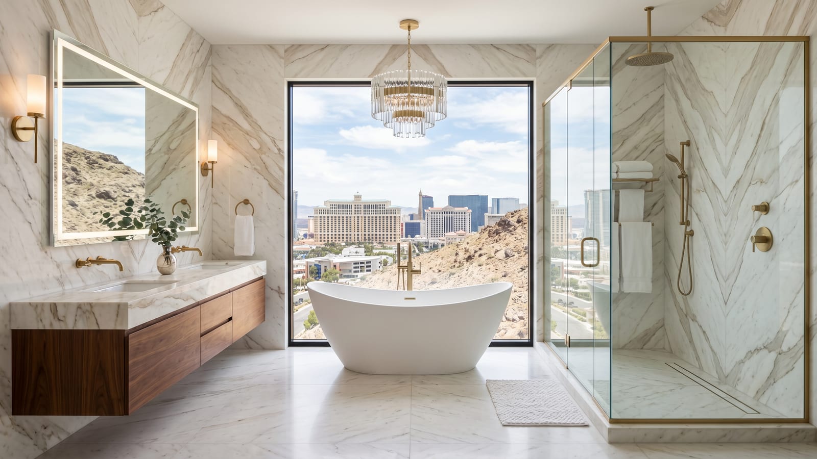 Primary bathroom in a Las Vegas home with a frameless glass shower, freestanding tub and polished fixtures, the surfaces where hard-water spotting shows first