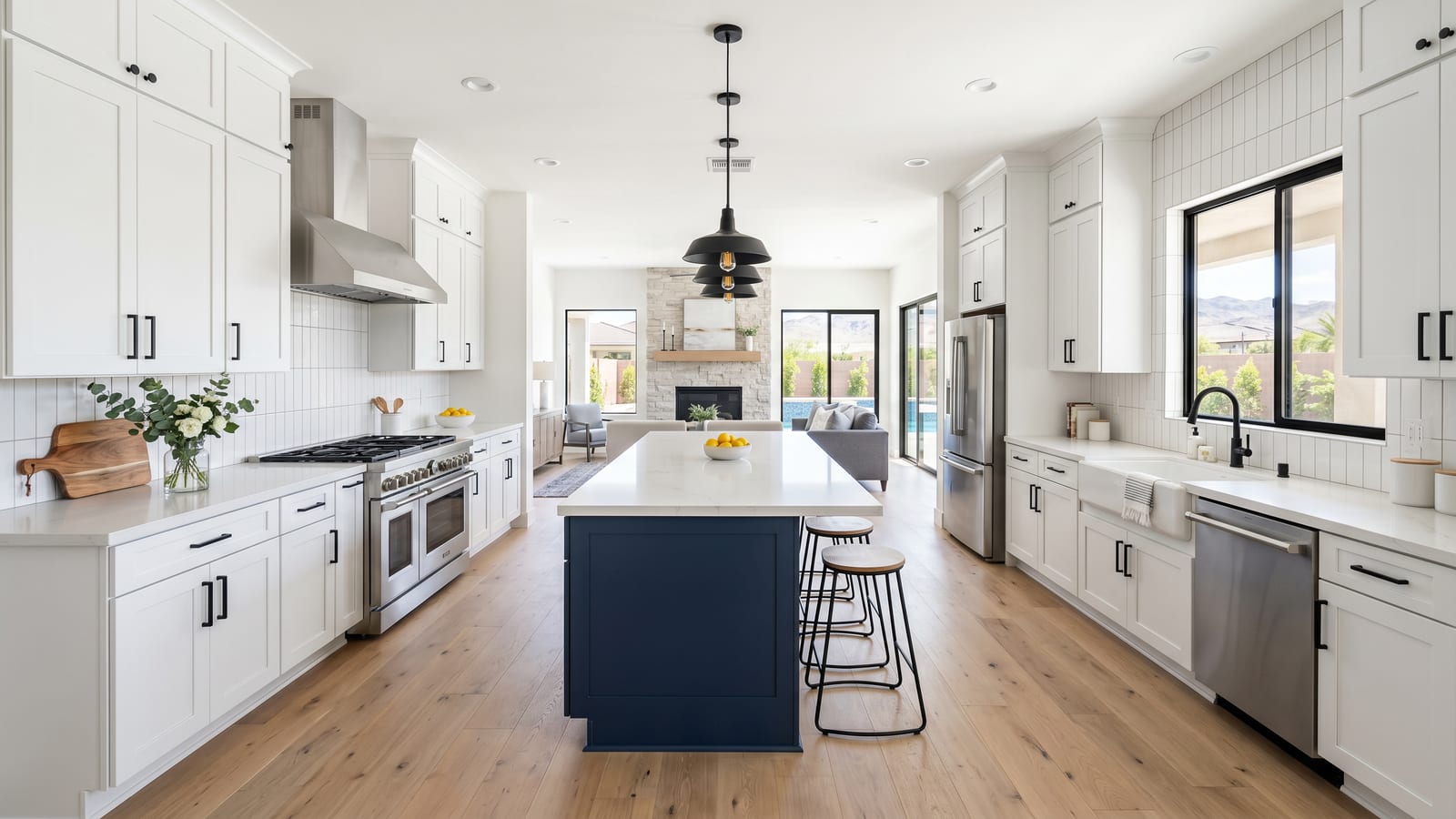 Bright white kitchen in a Las Vegas home with an island, a dishwasher and stainless appliances