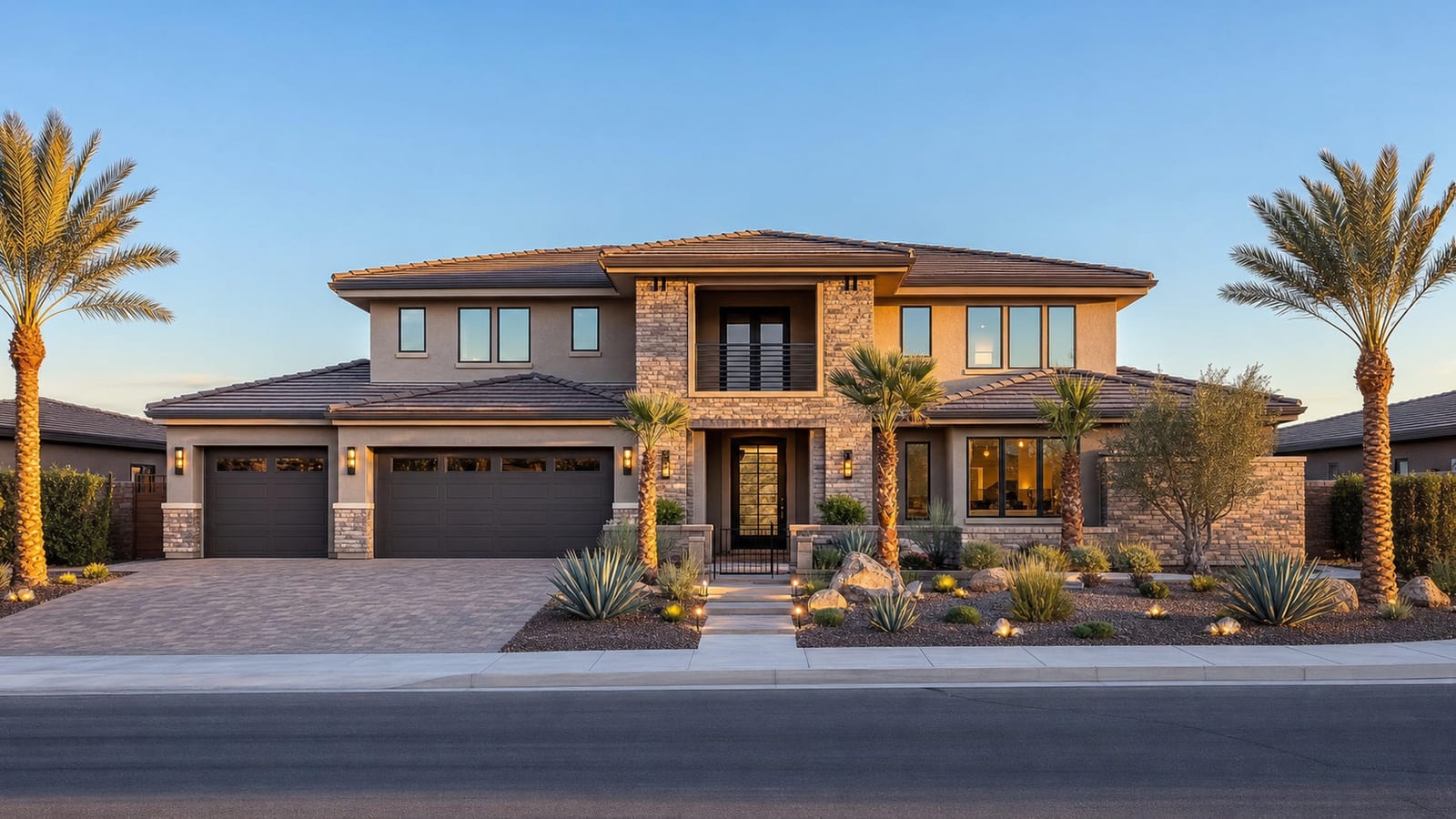 Two-story home in North Las Vegas with an attached garage, stone accents and desert landscaping at golden hour