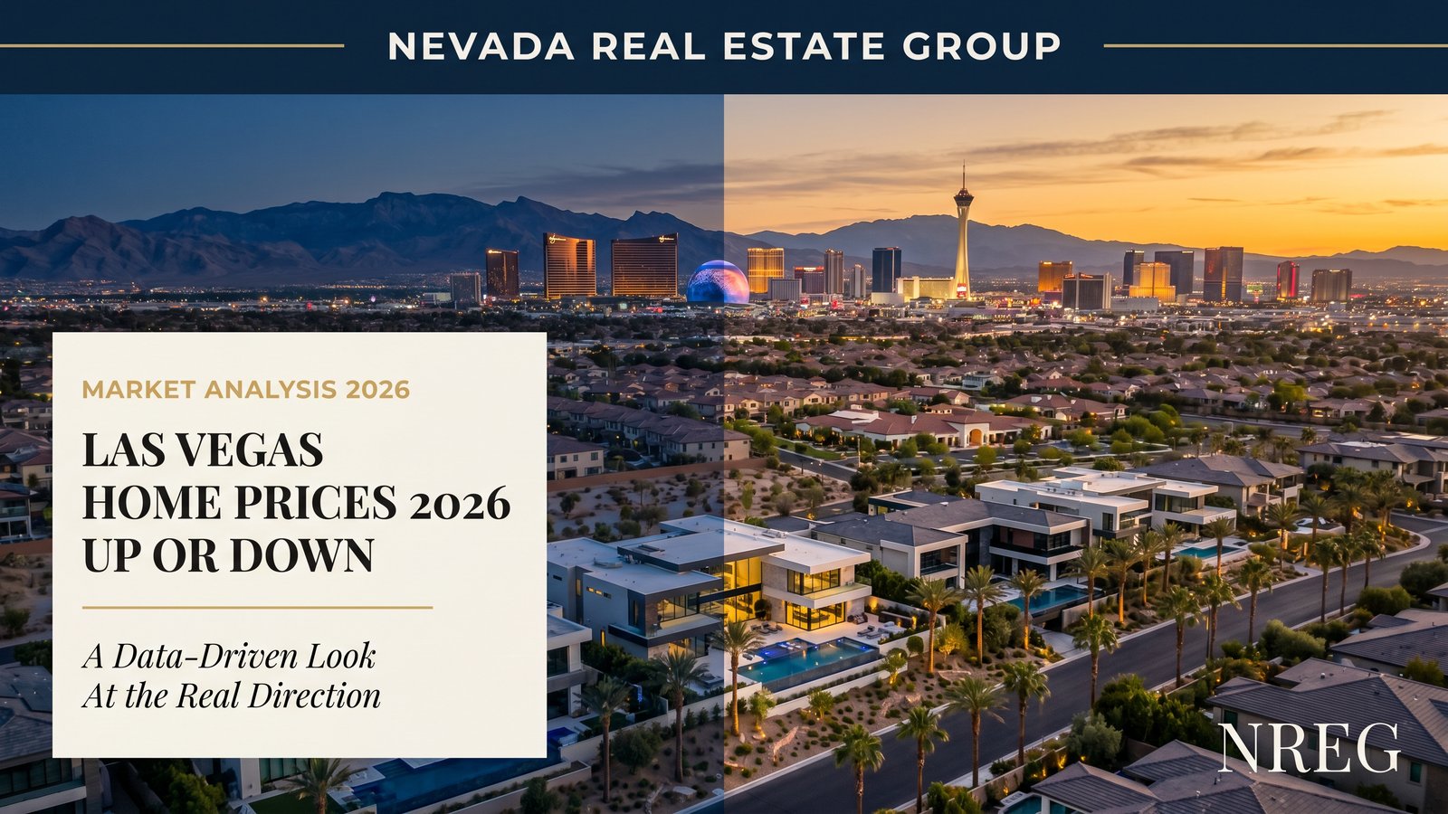 Las Vegas home prices 2026 recovery path with up arrow on suburban single-family neighborhood