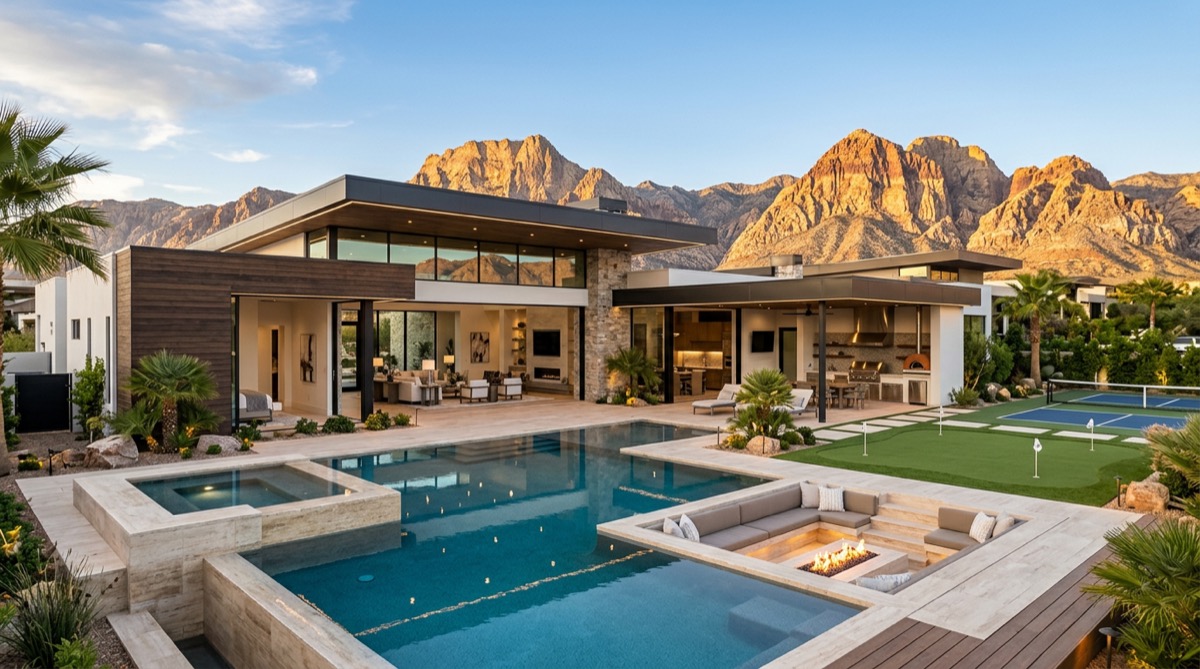 Las Vegas luxury custom home representative of the upper-tier inventory that high-earning California and Pacific Northwest relocators target after establishing Nevada residency for the income-tax savings