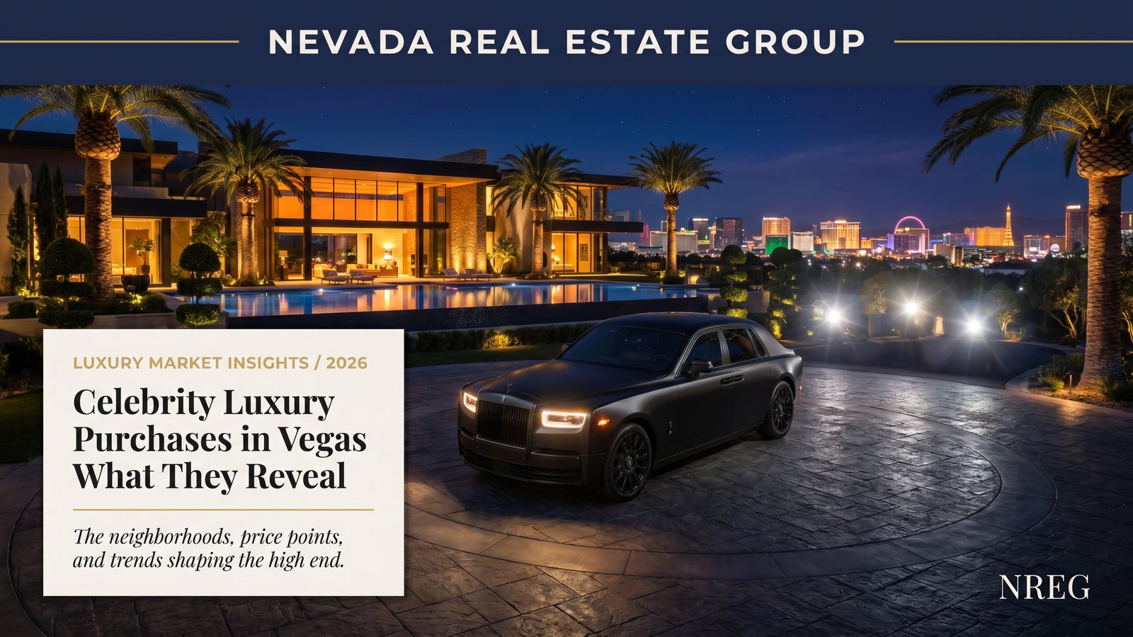 Guard-gated luxury trophy estate at twilight in Las Vegas, illustrating scarce non-replicable inventory