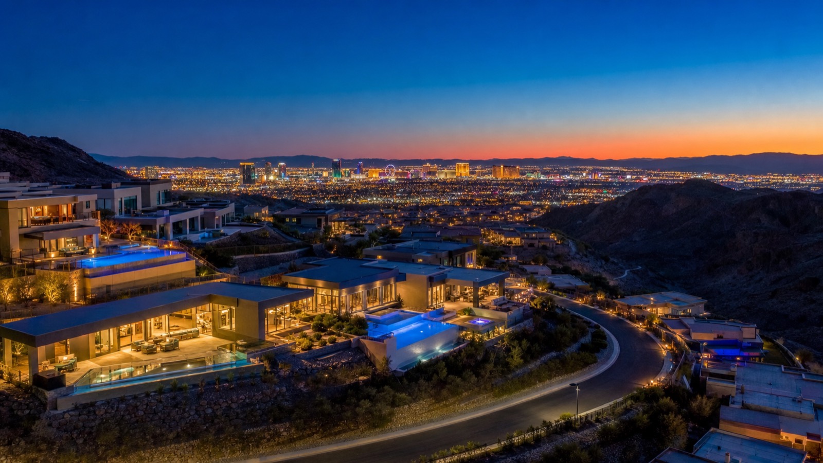 Las Vegas luxury estate with Strip views at twilight, the kind of property that trades in the $5 million-plus band
