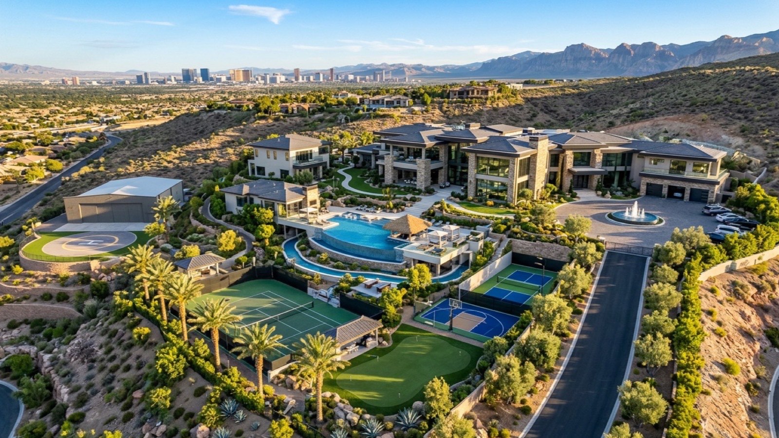 Contemporary Las Vegas mansion exterior at twilight — glass walls, cantilevered roofline and desert landscaping in a guard-gated Summerlin enclave