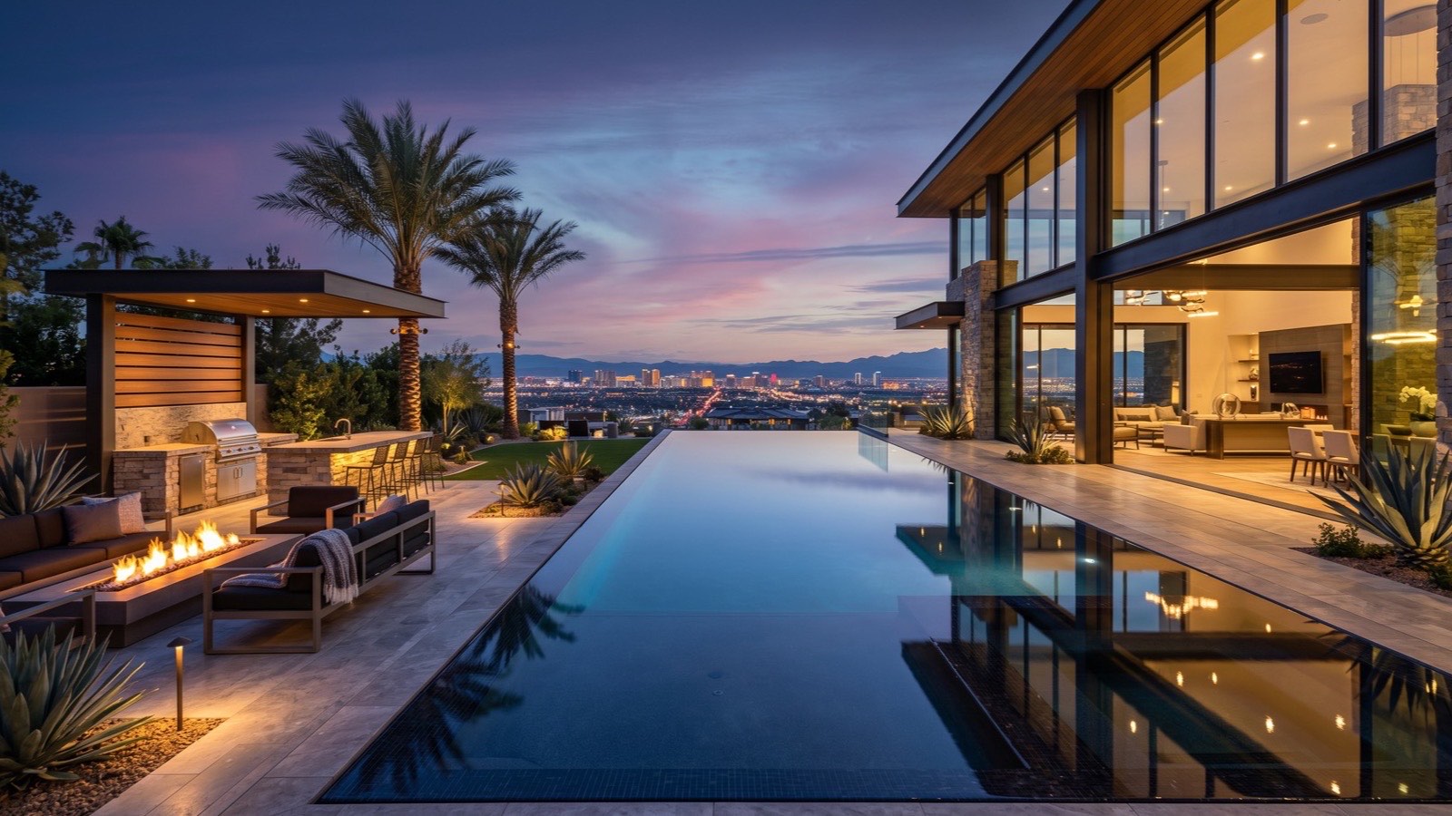 Las Vegas mansion backyard with infinity-edge pool and a direct view of the Strip skyline at dusk from a Henderson hillside estate