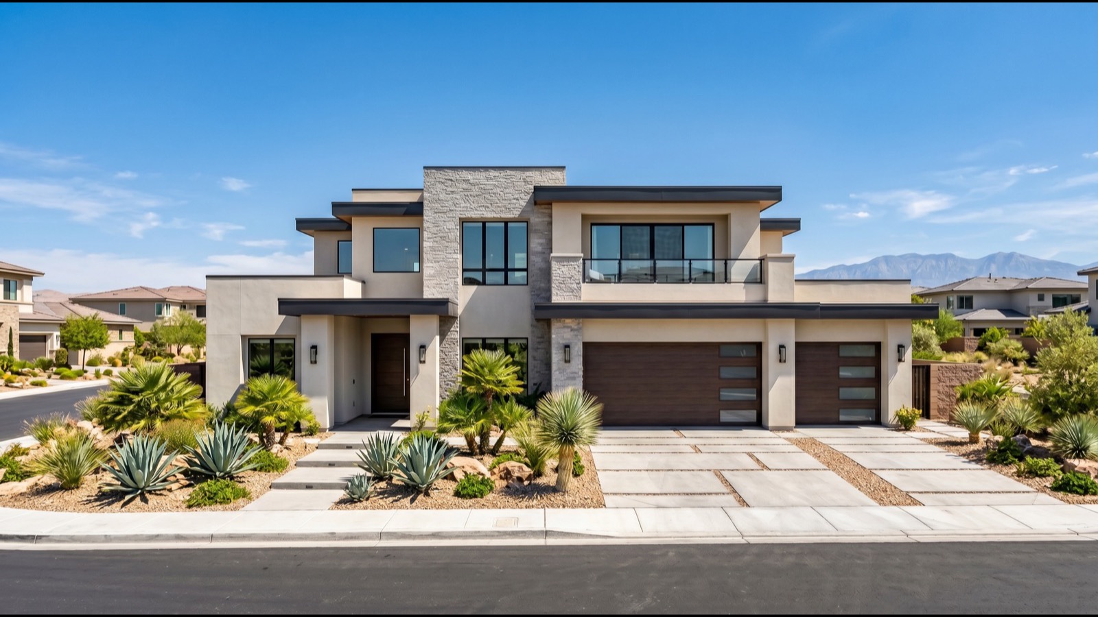 Two-story contemporary stucco and stone home with a three-car garage and desert landscaping on a Las Vegas valley street, the kind of listing whose HOA status must be confirmed through the Clark County Recorder rather than the MLS remarks