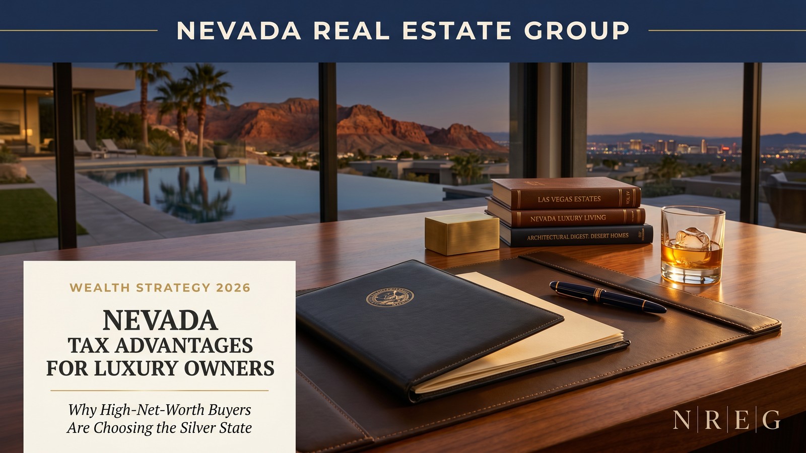 A completed luxury new construction home in Southern Nevada at dusk