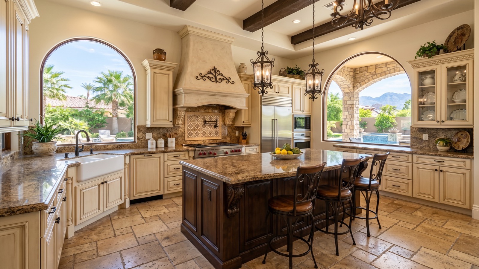 Spacious Las Vegas kitchen with a dark wood island, arched windows and stone floors seen on a home tour after a written buyer agreement