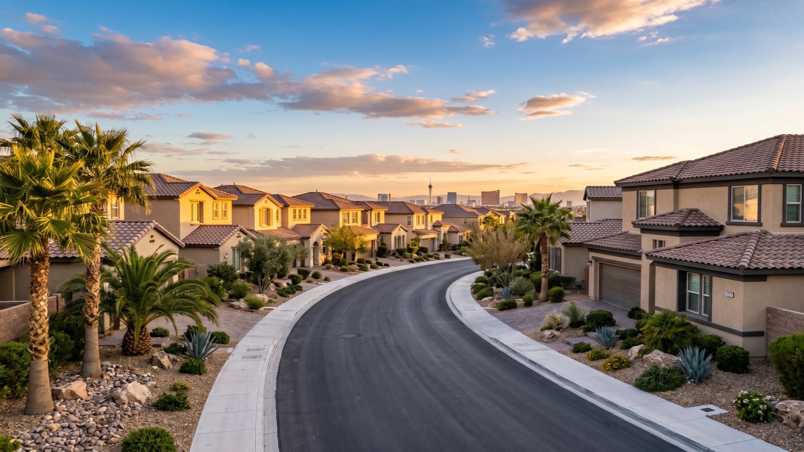Las Vegas neighborhood of two-story stucco homes with tile roofs and palm trees at golden hour, near the valley's $475,000 August 2026 median price