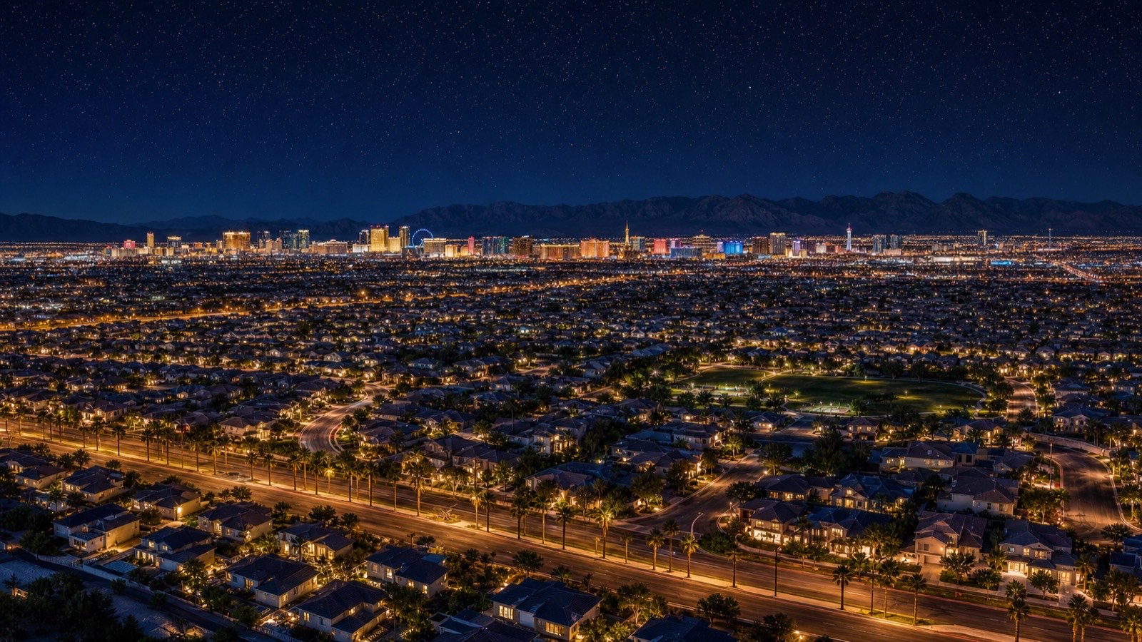 The Las Vegas skyline at night above the residential valley, where small multifamily buildings concentrate in the older central corridors
