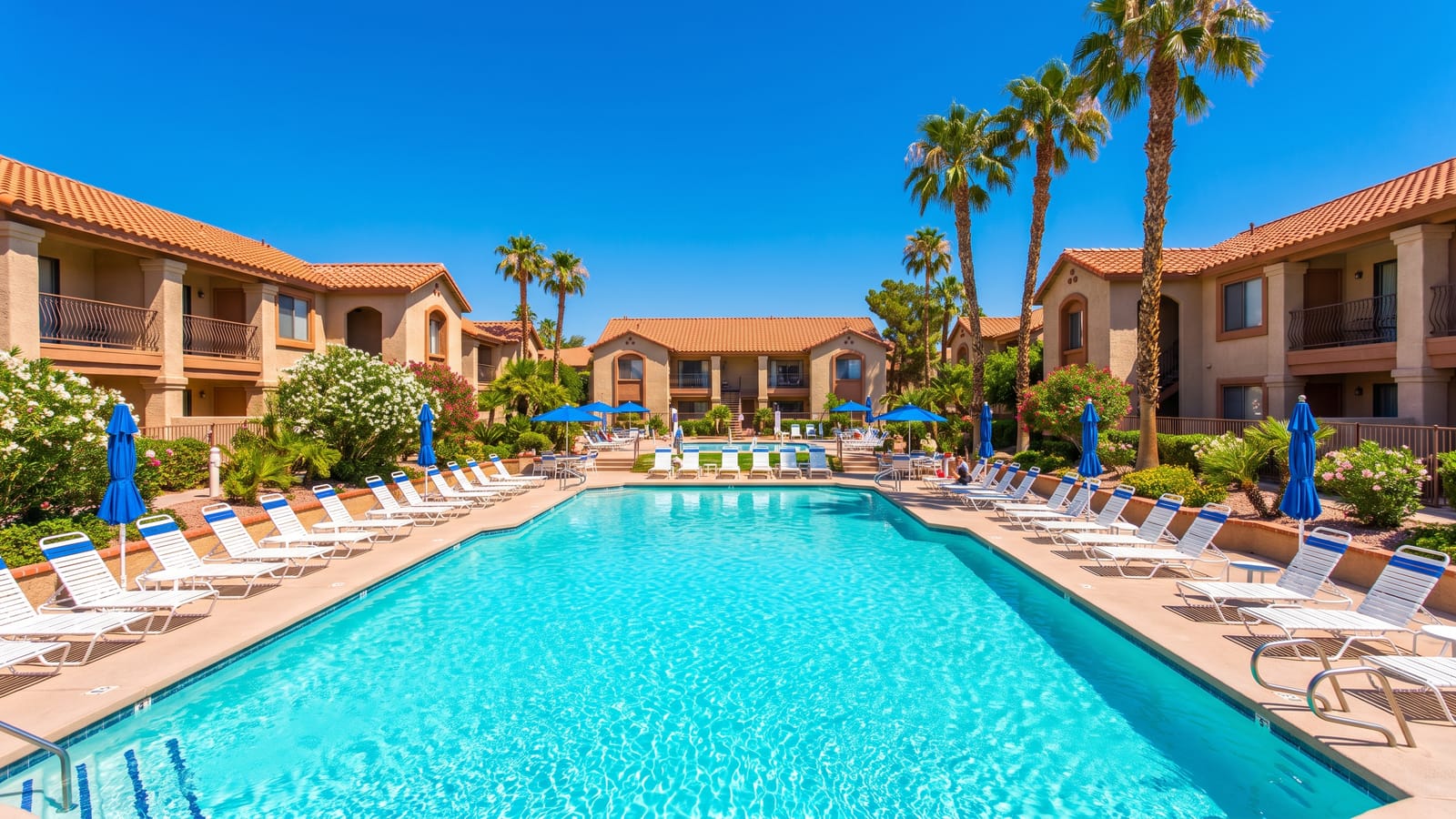 Green Valley condominium courtyard with pool and mature landscaping in Henderson, Nevada