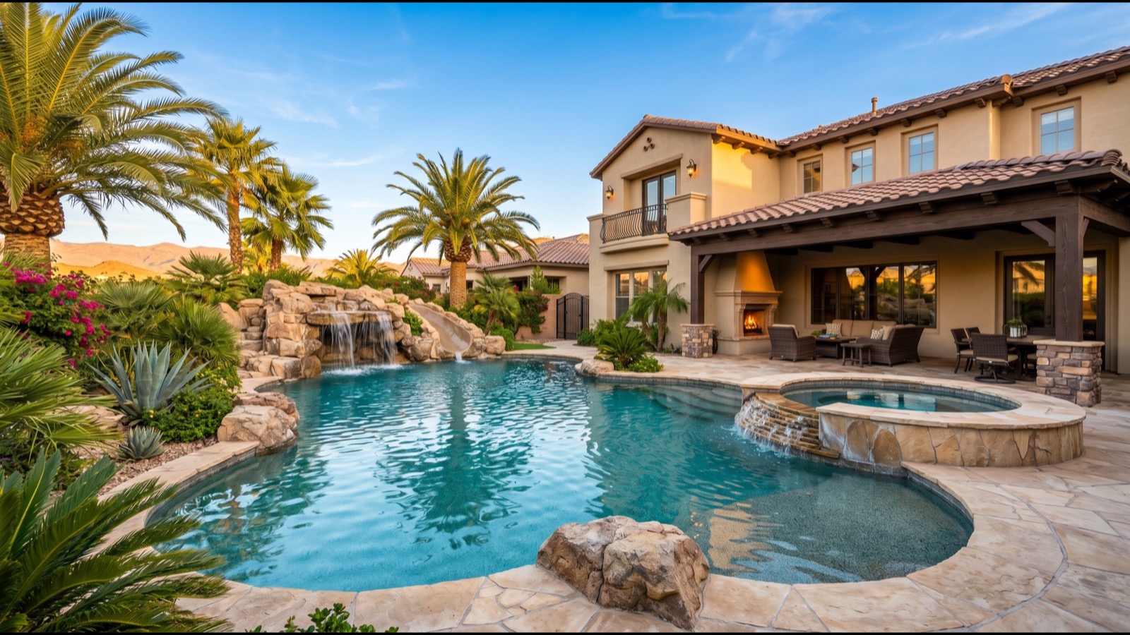 Los Prados attached townhome inventory with stucco façade two-car garage mature landscaping and Mediterranean architectural detail