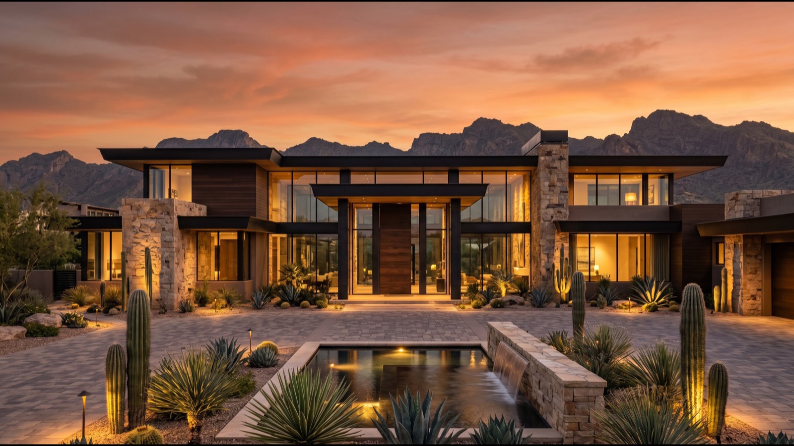 Modern Las Vegas luxury estate front elevation at dusk inside a guard-gated community, representing the jumbo-financed and cash purchases that dominate the $1.2 million-plus market
