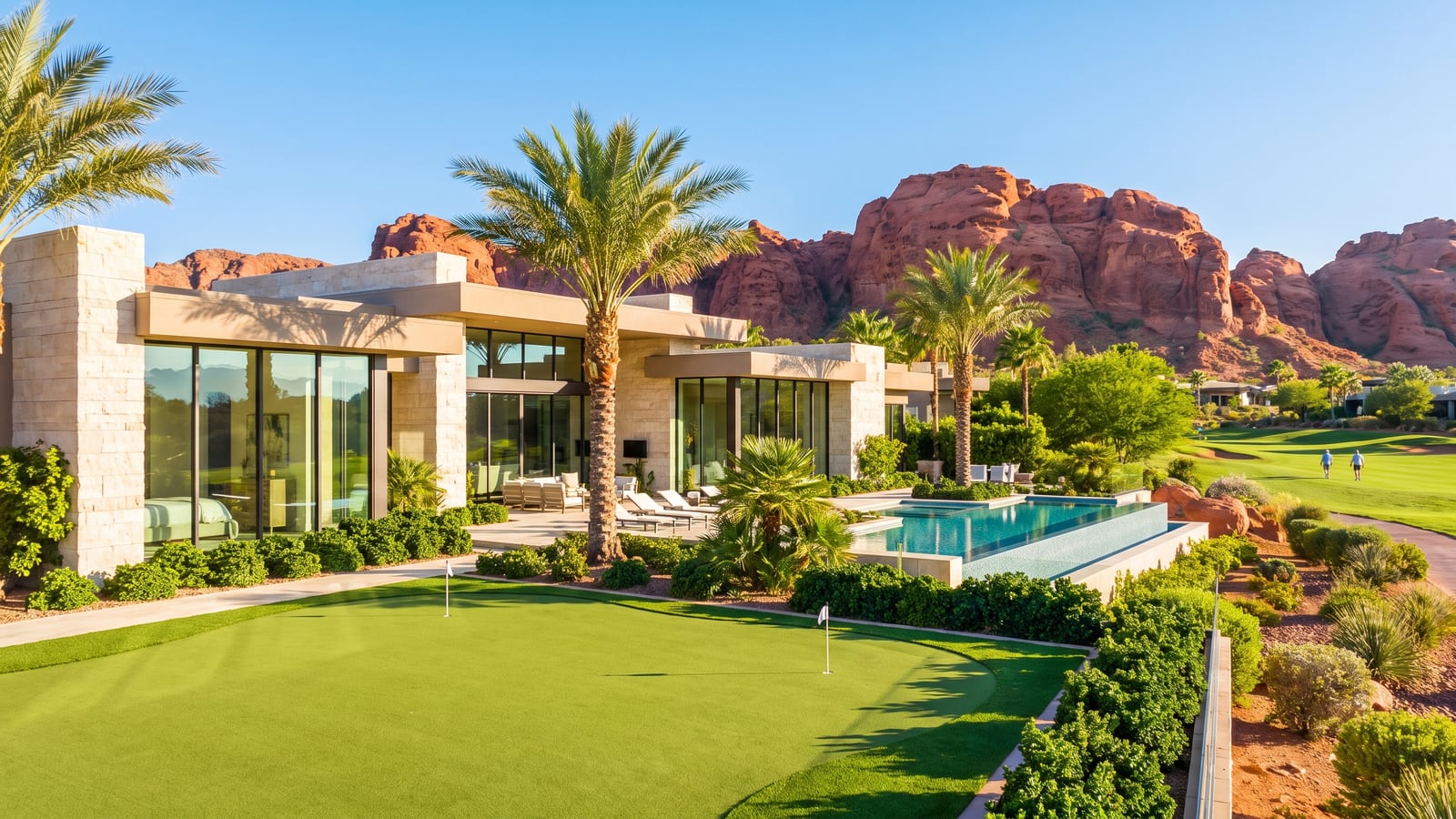 Contemporary luxury Summerlin home with manicured golf green and red rock mountain backdrop near TPC Las Vegas