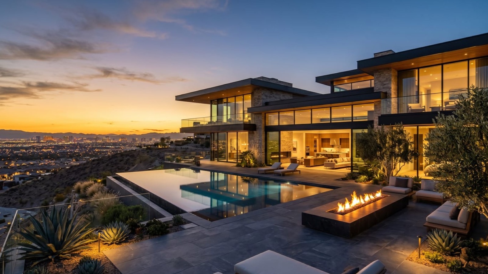Guard-gated luxury estate in The Ridges village of Summerlin, Las Vegas, at twilight