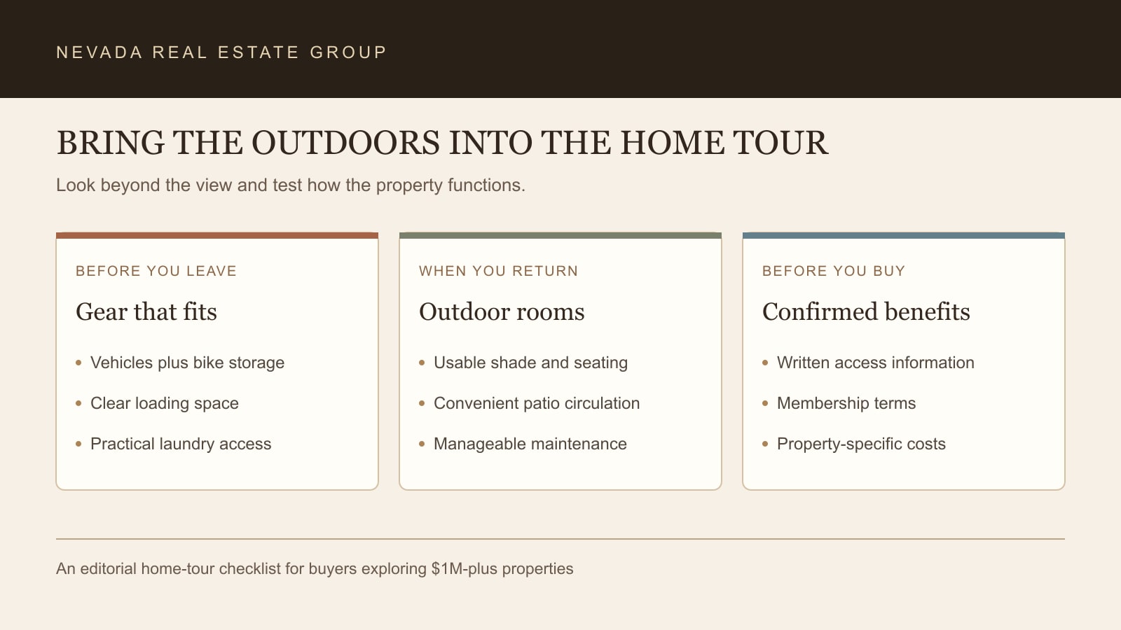 Home tour checklist for usable equipment storage, comfortable outdoor rooms and confirmed recreation access