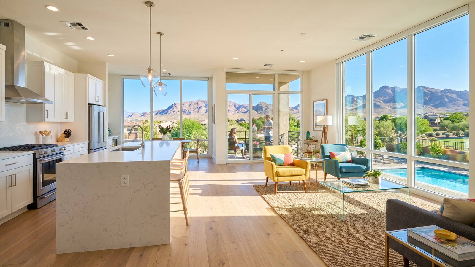 Photo-ready staged kitchen and great room in a Las Vegas luxury home with waterfall island, accent chairs, and pool and mountain views