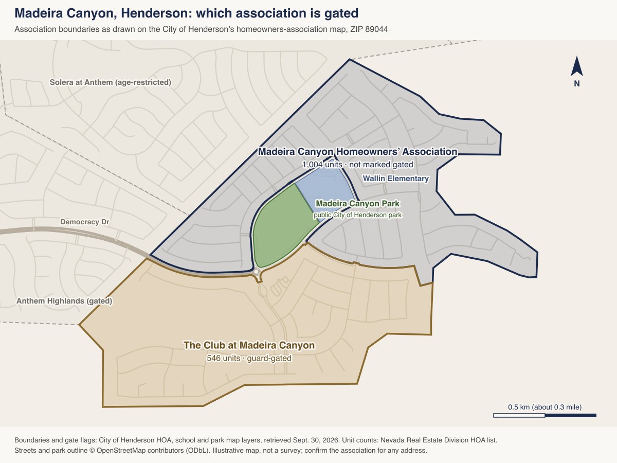 Map of Madeira Canyon in Henderson showing the Madeira Canyon Homeowners’ Association boundary, not marked gated, north of the guard-gated Club at Madeira Canyon, with Madeira Canyon Park and Wallin Elementary between them